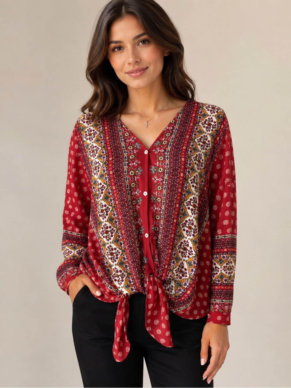 West Kei Red Floral Tie-Front V-Neck Blouse